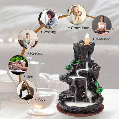 Backflow Incense Burner Waterfall Smoke Effect 2-Side Incense Holder with 120 Backflow Cones 30 Incense Sticks Aromatherapy Ornament for Home Decor Meditation Yoga Relaxation Stress Relief