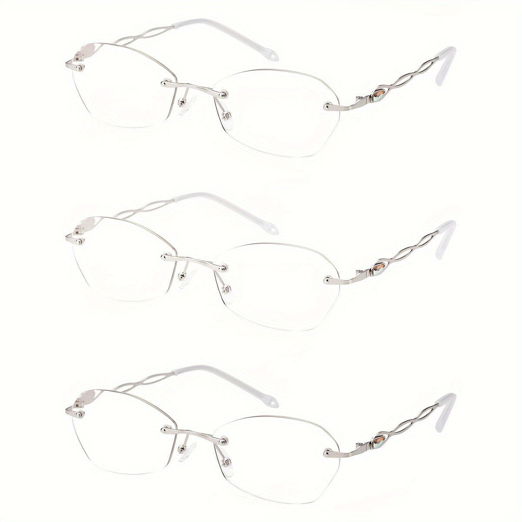 Rimless Reading Glasses for Women 3 Pack - Blue Light Blocking Lightweight Metal Frameless Readers with Anti Eyestrain Lenses, Multiple Colors and Magnifications 1.0X to 4.0X