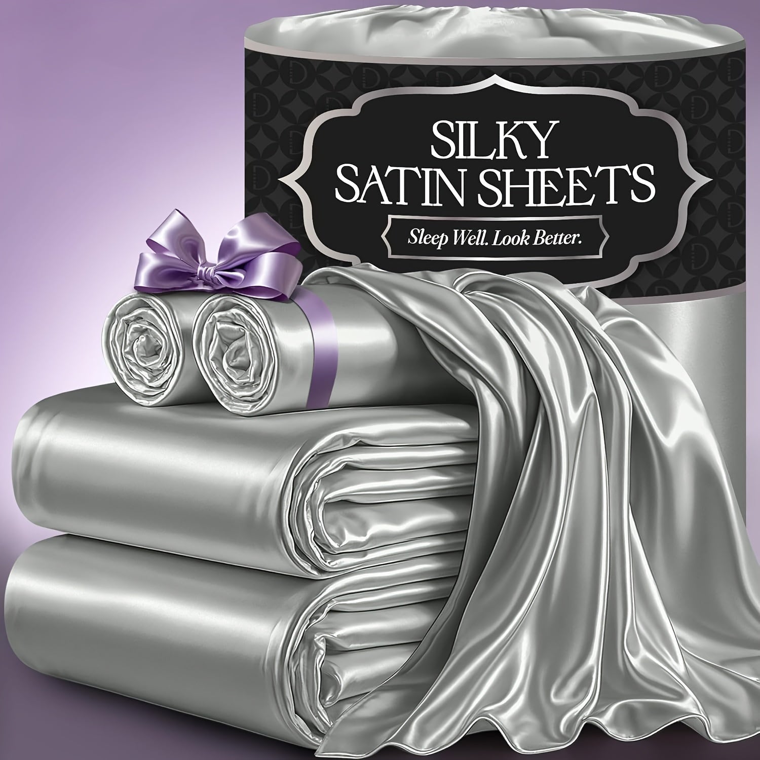 Satin Bed Sheet Set 4-Piece, Cooling Silky Soft Microfiber Sheets with Deep Pocket Fitted Sheet, Flat Sheet & 2 Pillowcases, Breathable Lightweight Bedding for Twin Full Queen King