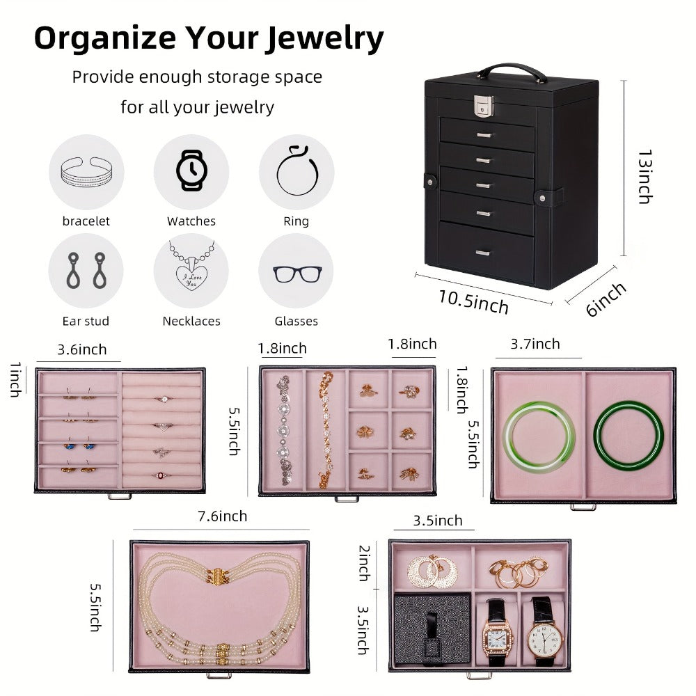 Jewelry Box 6 Tier with 5 Drawers Mirror & Lock | Large Jewelry Organizer Storage Case Gift for Women