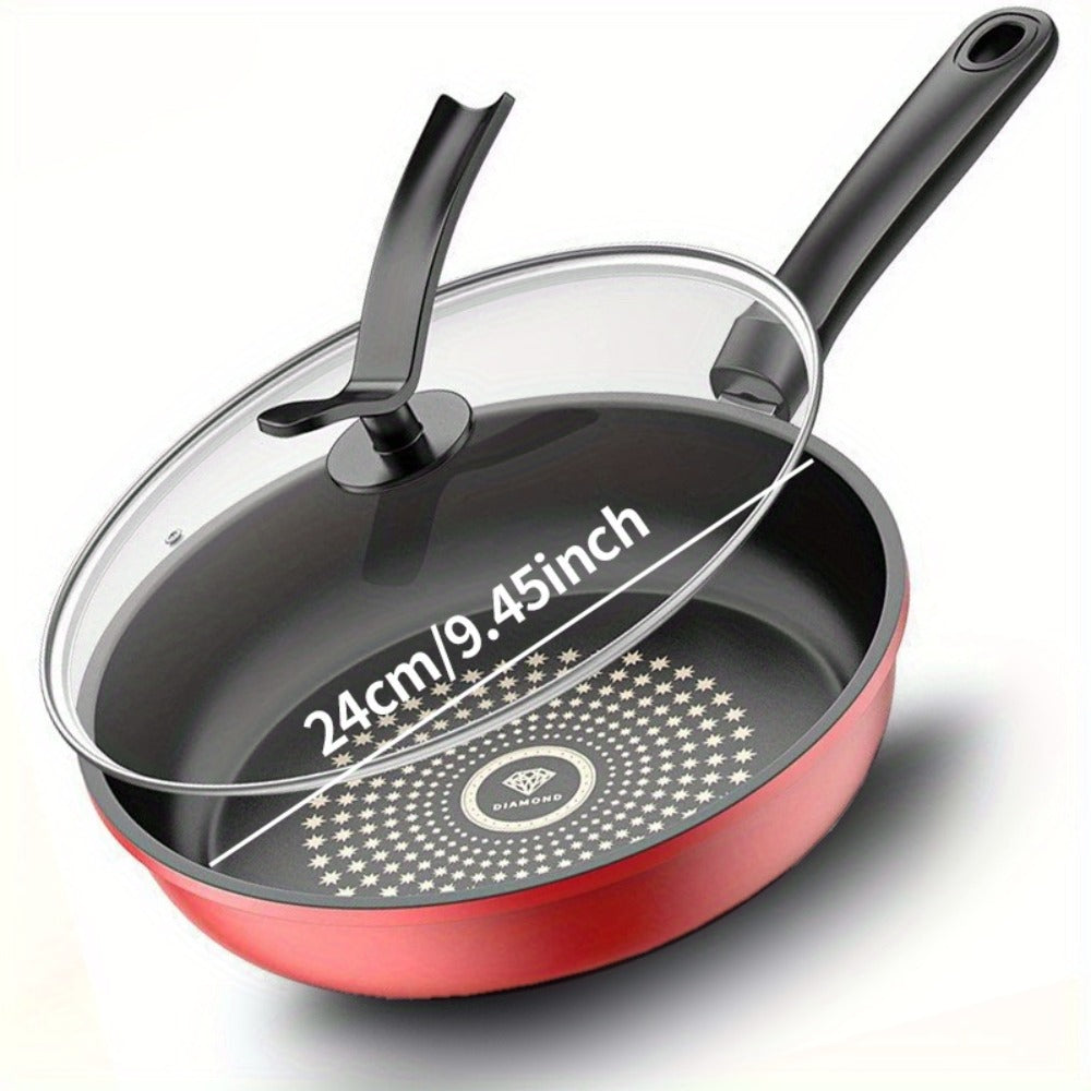 Cast Iron Frying Pan Non-Stick with Lid 9.45 Inch - Powder Coated Skillet Compatible with Induction Gas Electric Stove, Smoke-Reducing Healthy Cookware for Fried Eggs Steak Pancakes, Red Cast Iron Pan