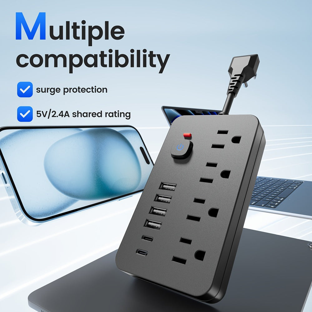 Outlet Extender Power Strip Wall Mountable 14-in-1 10-in-1 with 8 AC Outlets 6 USB Ports 2 USB-C One-Touch Control Switch Overload Protection Short Cord Design for Home Office School Den White Black