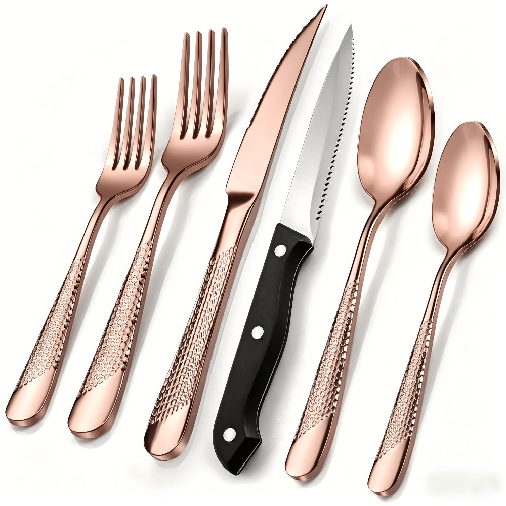 Stainless Steel Flatware Set 40/48 Piece ¨C 304 Silverware Set for 8 Hammered Mirror Polished Rose Gold Cutlery with 2-in-1 Serrated Knife Dishwasher Safe Modern Utensils for Home Restaurant Wedding