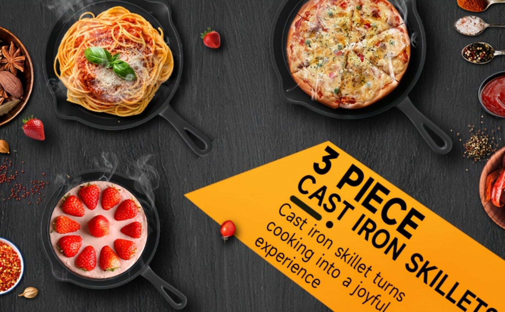 Cast Iron Skillet Set 3pcs - Non-Stick with Drip Spout, Pre-Seasoned Cookware for Holiday Cooking RV Campfire Outdoor Grilling, Heavy Duty Kitchen Frying Pan Set