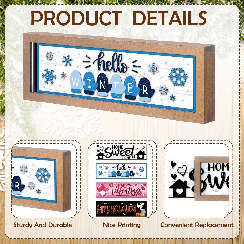 Interchangeable Seasonal Wood Welcome Sign 25-Piece Set ¨C Wooden Frame Table Decor with Swappable Holiday Signs for Fall, Thanksgiving, Halloween & Autumn Wreath Decoration