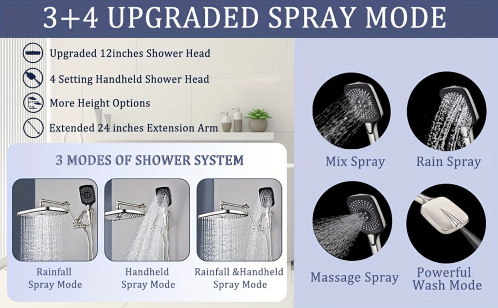 Rain Shower Head with Handheld Combo 12 Inch High Pressure Rainfall Showerhead Set ¨C 4-Function Spray, 3-Way Diverter, 2-Stage Extension Arm & 71¡± Hose, Matte Black / Chrome / Brushed Nickel