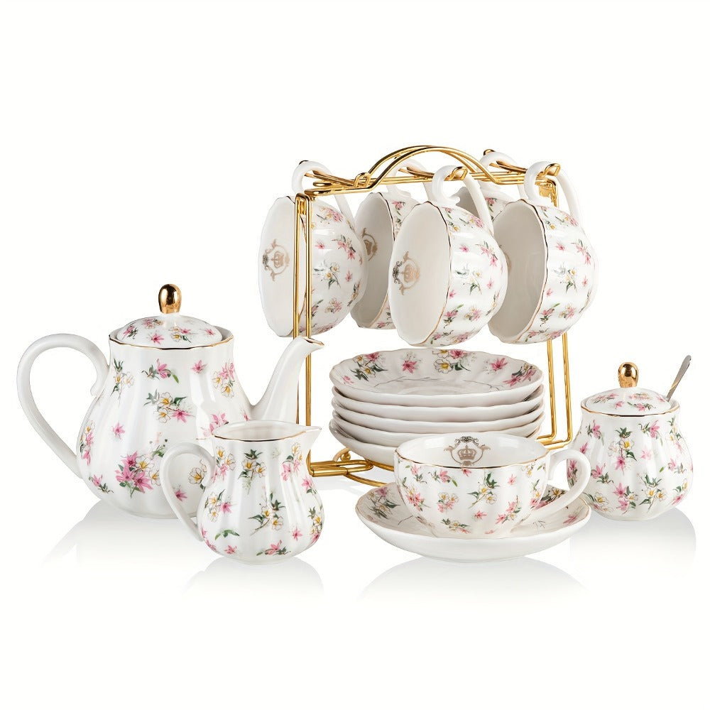 Porcelain Tea Set Service for 6 British Royal Floral Design with Teapot Sugar Bowl Cream Pitcher Teaspoons Tea Strainer 8oz Cups Saucers for High Tea Wedding Party Gift