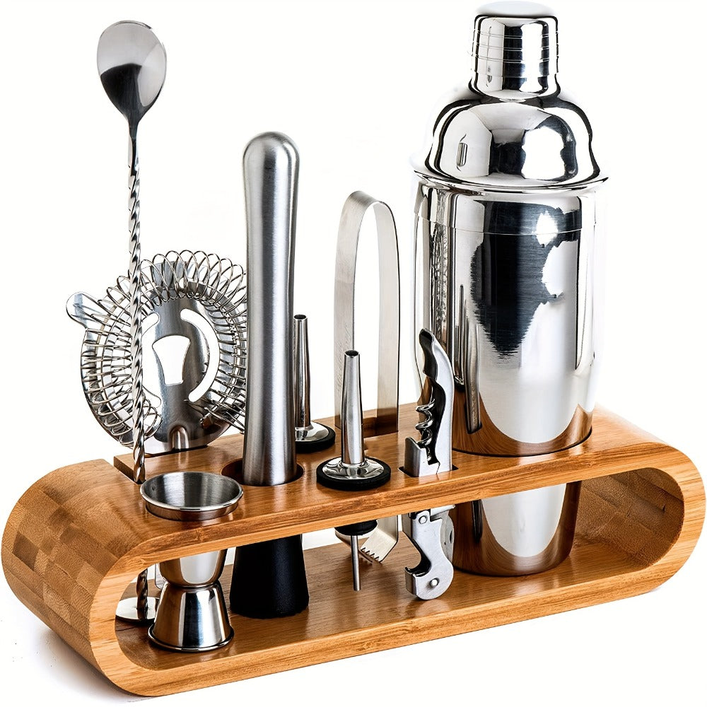 Bartender Kit 10 Piece Stainless Steel Bar Tool Set with Bamboo Stand Cocktail Shaker Mixing Spoon Strainer Jigger Home Bar Accessories Perfect Housewarming Gift for Fathers Day