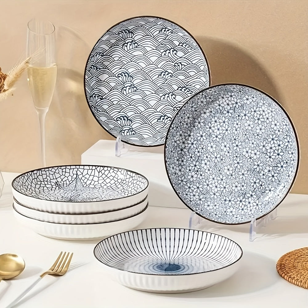 Japanese Ceramic Plates Set of 4 ¨C Floral Yamada Pattern Dinnerware, 7-Inch Round Serving Plates with Non-Slip Edge, Underglaze Color, Nordic Style Steak & Salad Dish