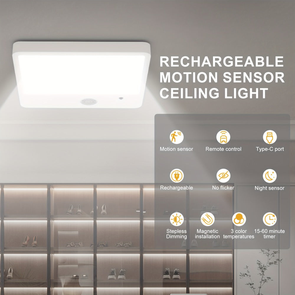 Wireless LED Ceiling Light Motion Sensor Rechargeable Battery Powered 3 Color Temperatures Remote Control No Wiring Closet Light for Bathroom Staircase Garage Hallway Kitchen Pantry White 1 or 2pcs