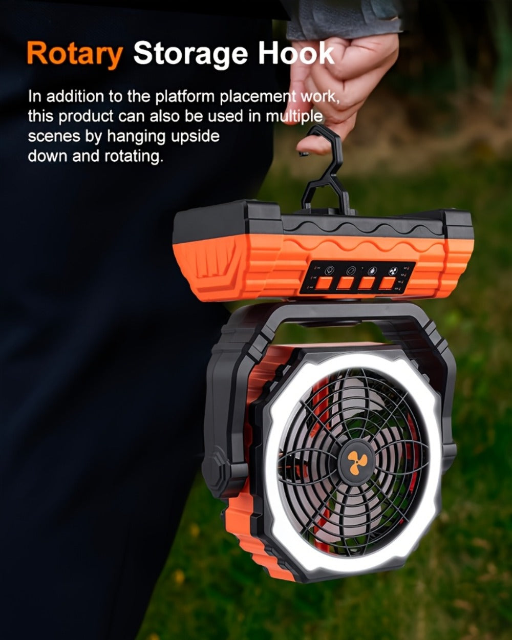 Portable Camping Fan with Dual Motors LED Light & Remote Control, Solar Powered Outdoor Fan with Hook for Tent Work Site Power Outage, Camping Accessories