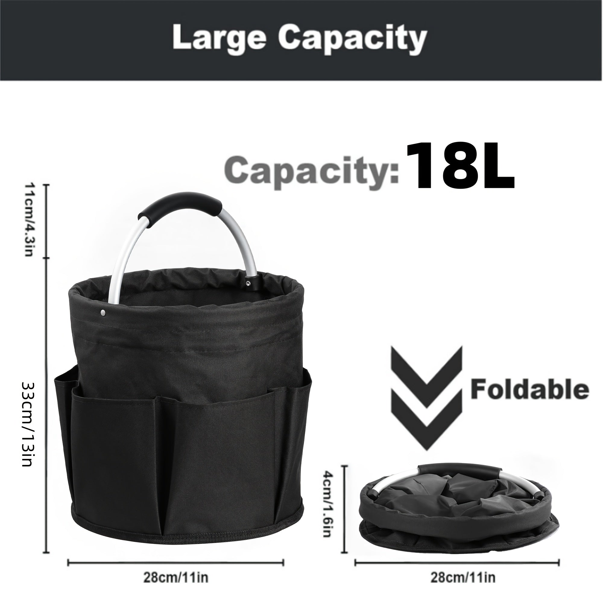 Foldable Cleaning Caddy Organizer 17L with Handle ¨C Portable Collapsible Bucket Bag with 6 Pockets for Cleaning Supplies, Toiletries & Garden Tools, Multi-Purpose Home Travel Basket