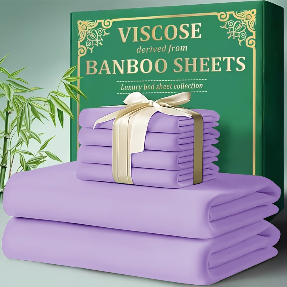 Bamboo Cooling Bed Sheet Set 4pcs - Ultra Soft Breathable Deep Pocket Fitted Sheets, 2200TC Cooling Fabric, Shrink & Wrinkle Resistant, All-Season Bedding