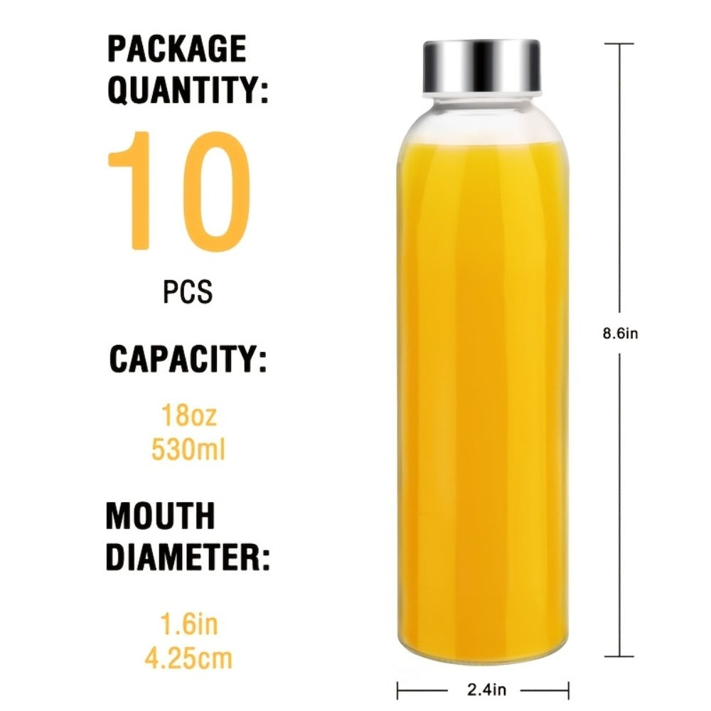 Glass Water Bottles with Lids 18oz Set of 10 Reusable Clear Glass Juice Bottles BPA Free Leak-Proof Stainless Steel Cap for Juicing Smoothie Beverage Storage