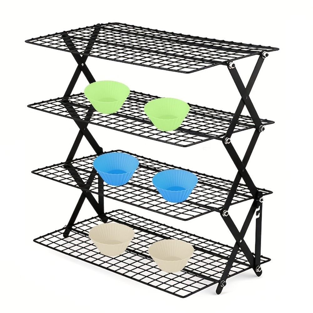4-Tier Collapsible Cooling Rack Set with Muffin Cups - Metal Wire Baking Rack for Cookies Cakes Bread Roasting BBQ Countertop Kitchen Drying Rack