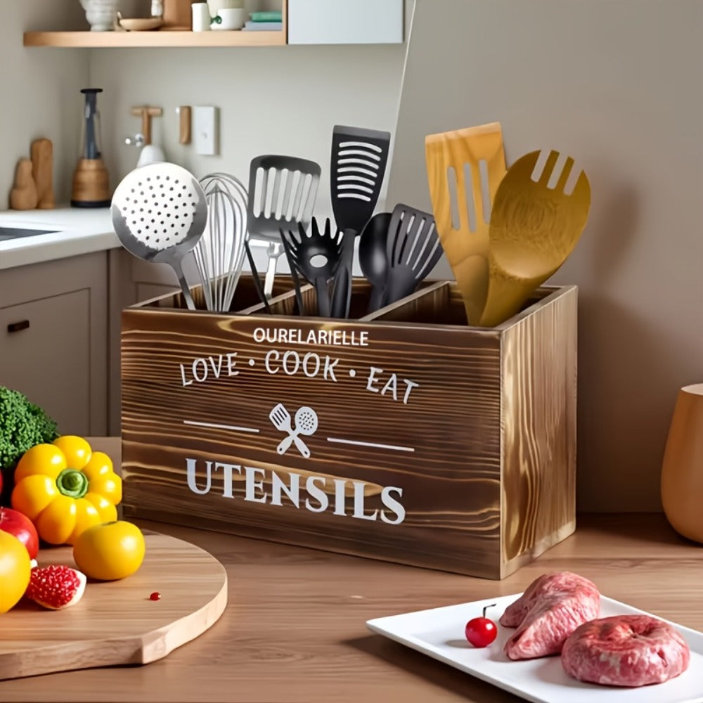 Wooden Cutlery Storage Box with Grid Compartments Chopstick Organizer Rack with Metal Accents for Kitchen Drawer Bedroom Desk Home Organization in Natural White Black
