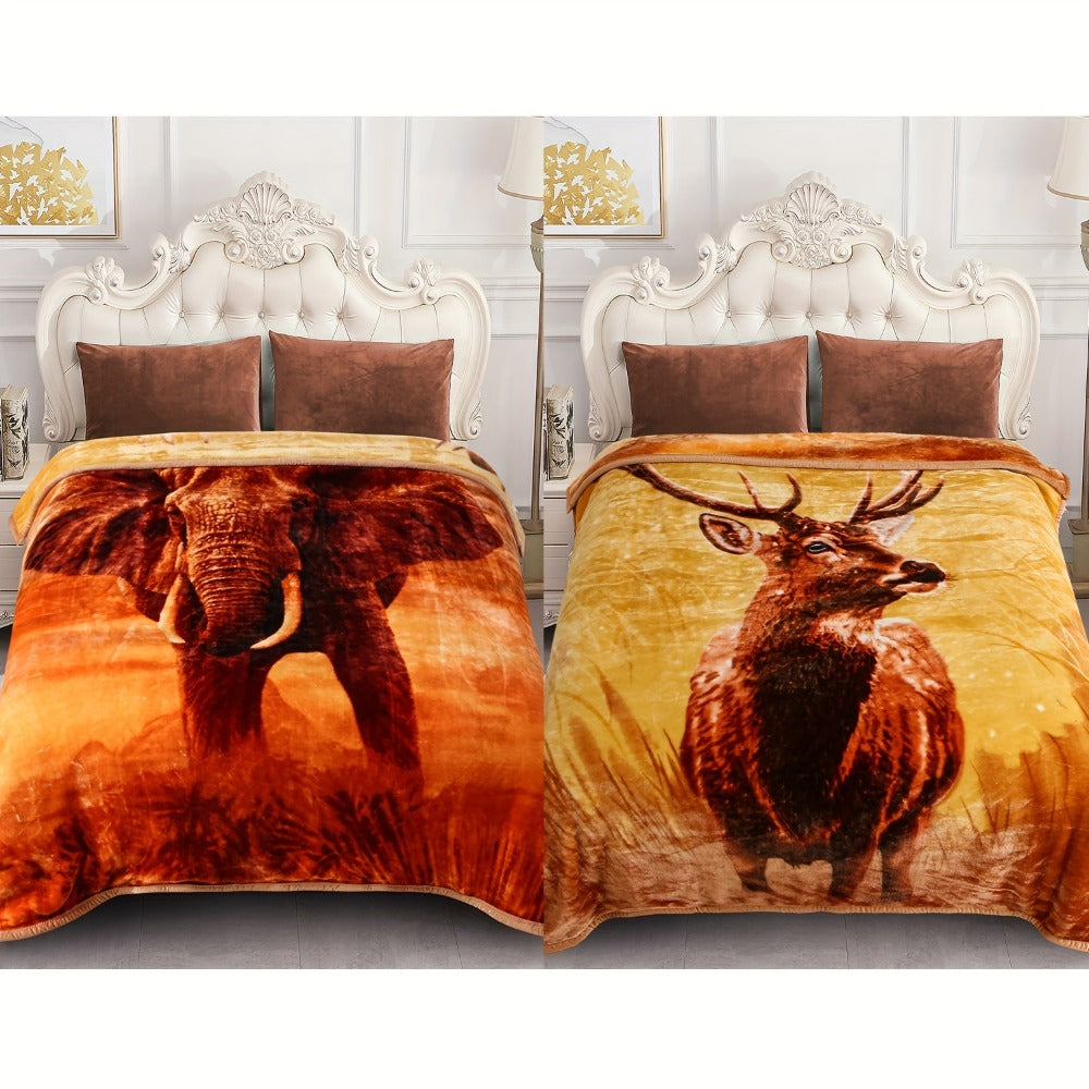 Reversible Plush Blanket 2-Ply 520GSM Milk Velvet - Soft Warm Queen King Size Blanket with Vibrant Animal & Floral Designs, All-Season Bed Couch Throw