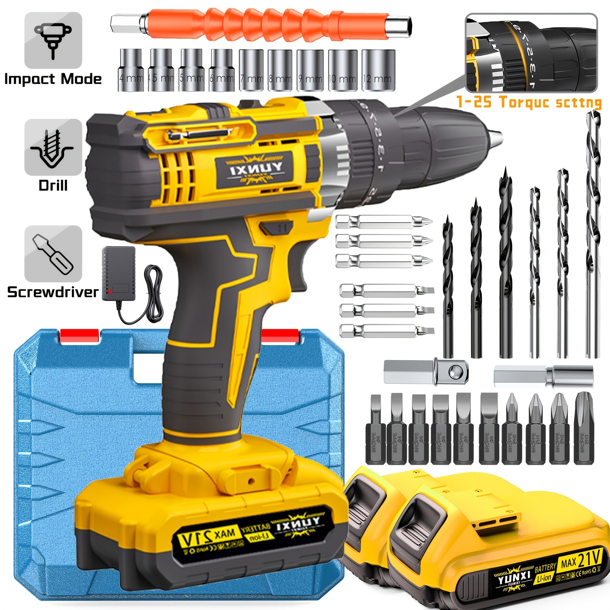 Cordless Impact Drill Set 21V - Wireless Power Drill with Battery & Quick Charger, Multifunctional Tool Kit for Home Repair, DIY Projects & Family Use, Multiple Configurations Available (Gift for Men)