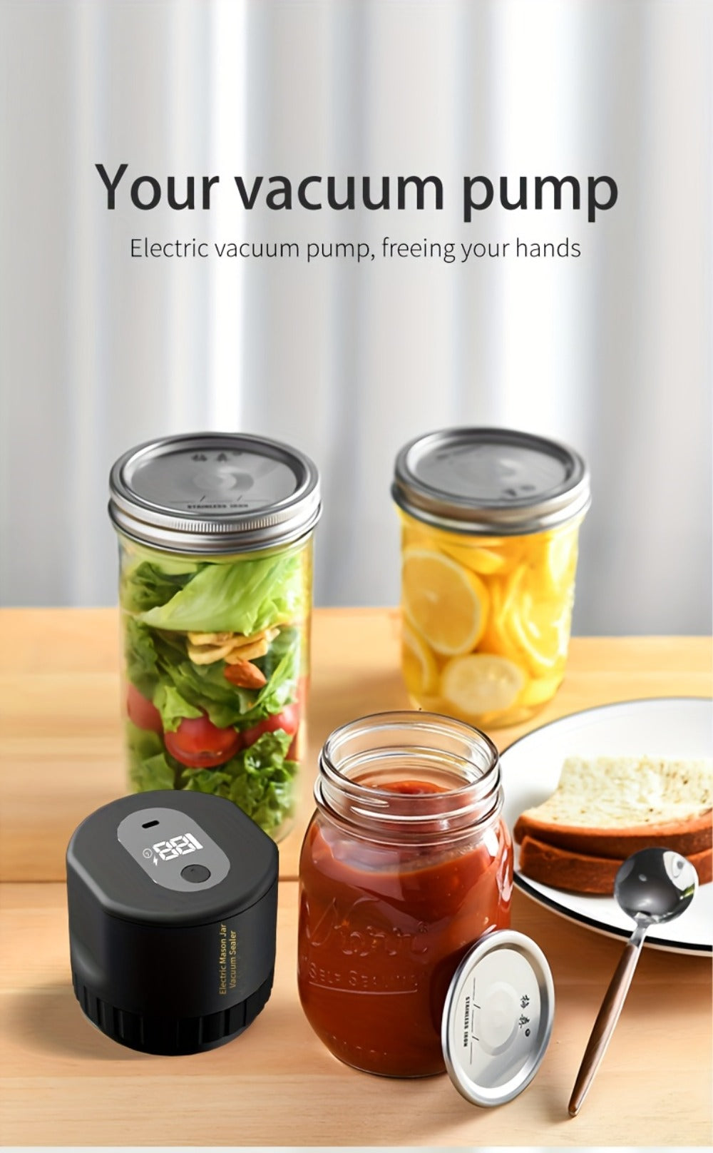 Electric Mason Jar Vacuum Sealer Kit with Sealing Lids Wide Mouth Regular Mouth Compatible Automatic Food Preservation Vacuum Sealing System