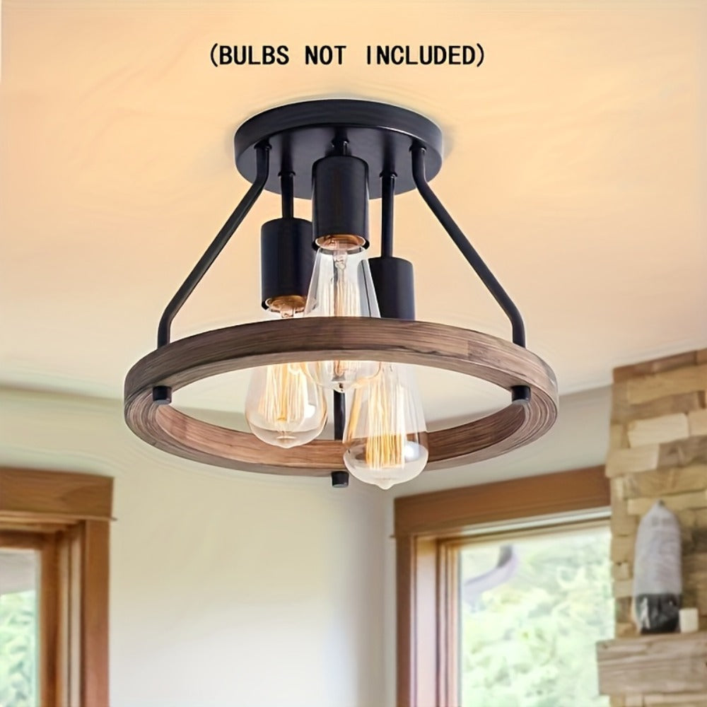 Farmhouse Semi Flush Ceiling Light 3-Bulb Wood & Metal - Rustic Industrial Ceiling Lamp for Kitchen Bedroom Dining Room Hallway Entryway Laundry Room (Bulb Not Included)