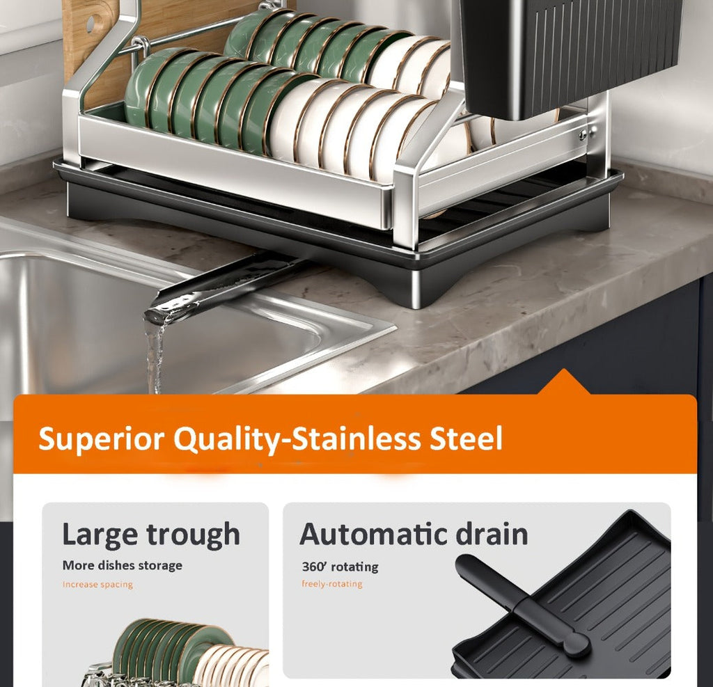 Stainless Steel 2-Tier Dish Rack with Auto Drainage | Rust-Resistant Kitchen Drying Rack for Dishes, Bowls, Cups & Utensils