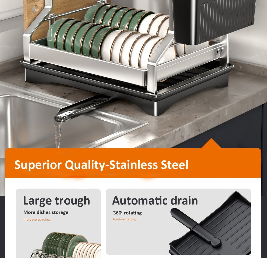 Stainless Steel 2-Tier Dish Rack with Auto Drainage | Rust-Resistant Kitchen Drying Rack for Dishes, Bowls, Cups & Utensils