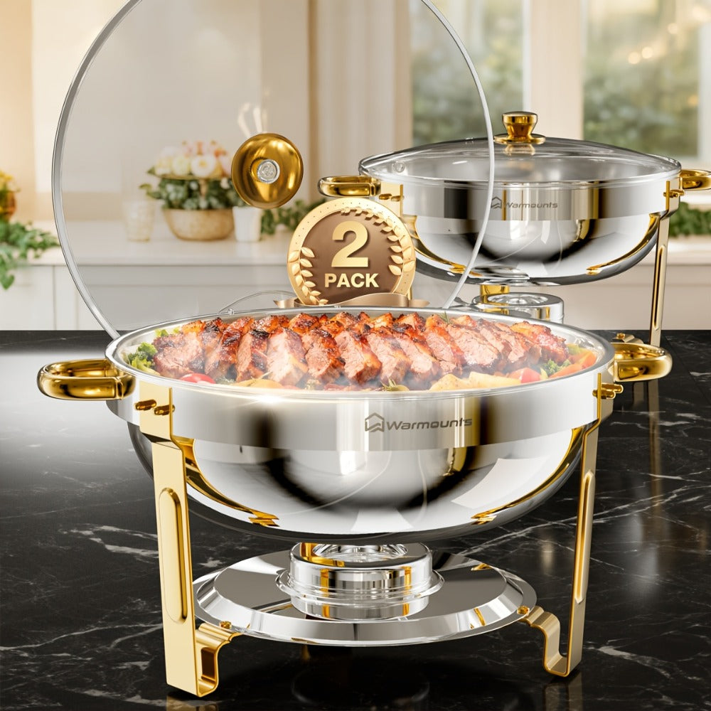 Gold Chafing Dishes Buffet Set 5QT Round Stainless Steel Food Warmer with Glass Lid Lid Holder Mirror Polished for Wedding Party Catering Events - 2 Pack or 4 Pack Chafer Buffet Server