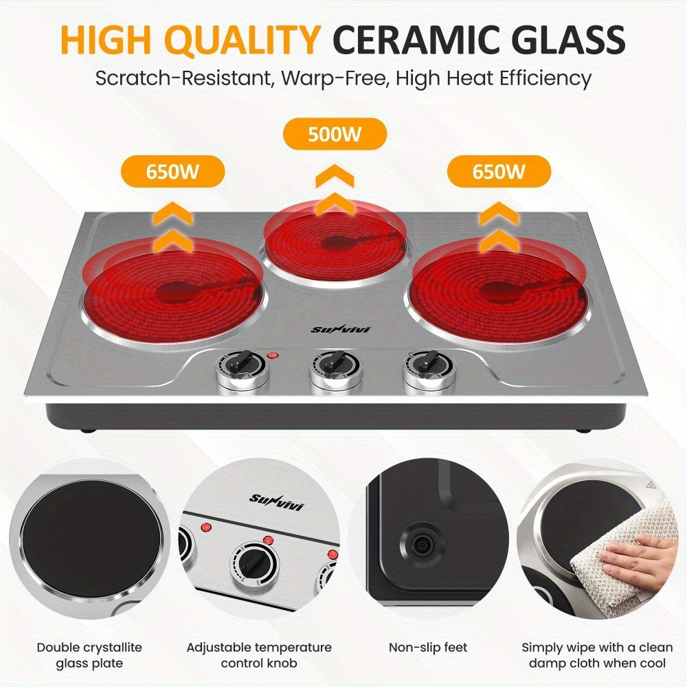 Portable Electric Cooktop Triple Burner 1800W ¨C Royalcraft Countertop Electric Stove with Knob Control, Indicator Light, Compatible with All Cookware, Silver
