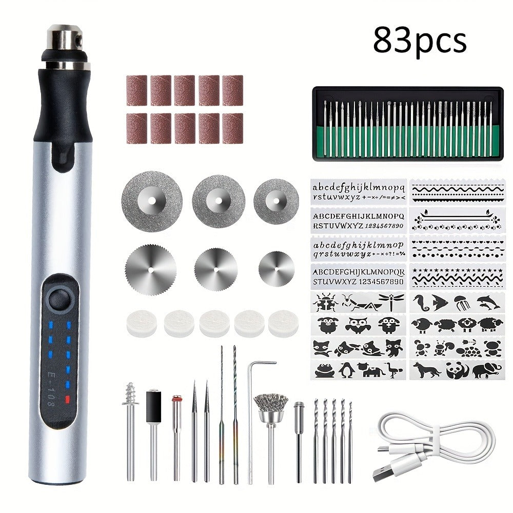 Mini Rotary Tool Kit - Wireless USB Rechargeable Micro Drill Carving Pen for Cutting, Carving, Drilling, Polishing & Buffing (58/74/83 Pcs)