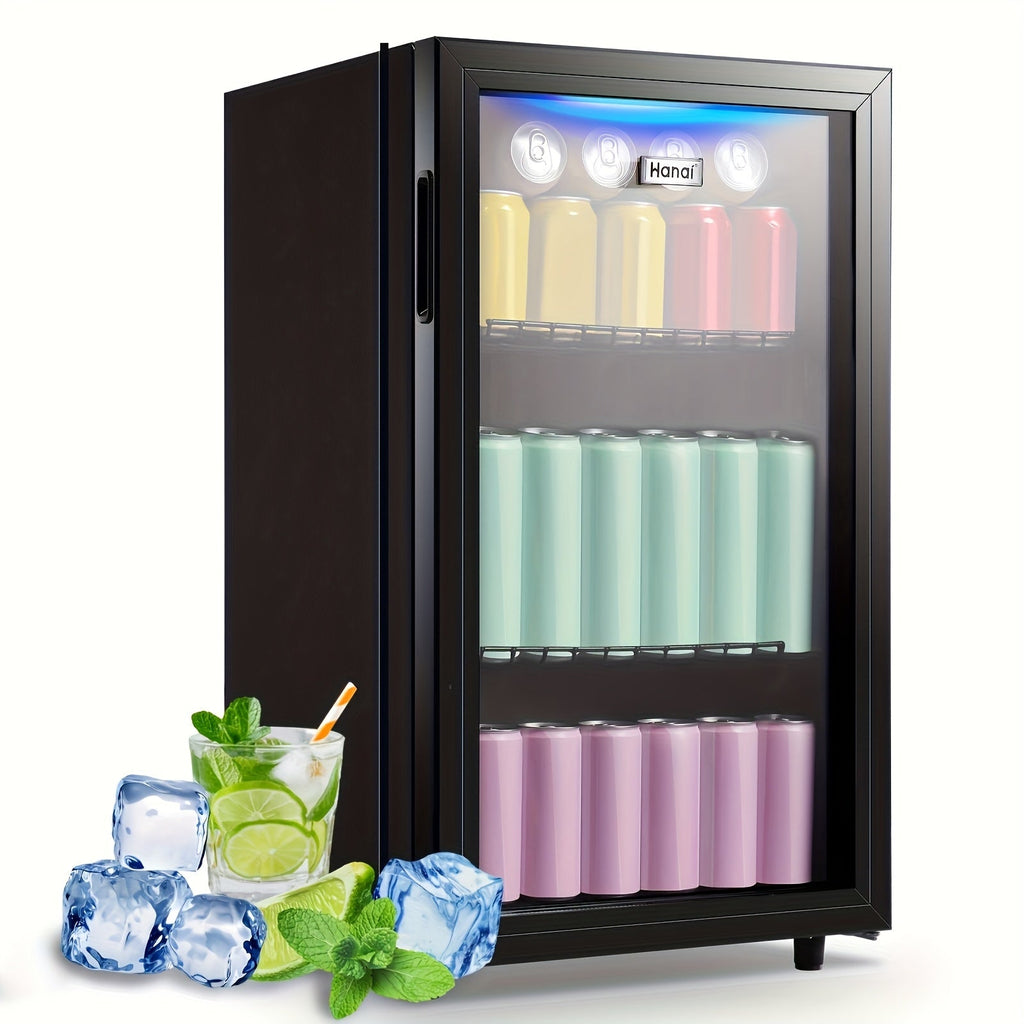 Beverage Refrigerator with Glass Door, Mini Drink Cooler Fridge with Blue LED Light, 3 Adjustable Shelves & R600a Compressor ¨C 1.7 or 3.5 Cu Ft Freestanding Bar Fridge for Home, Office, Dorm and Bar