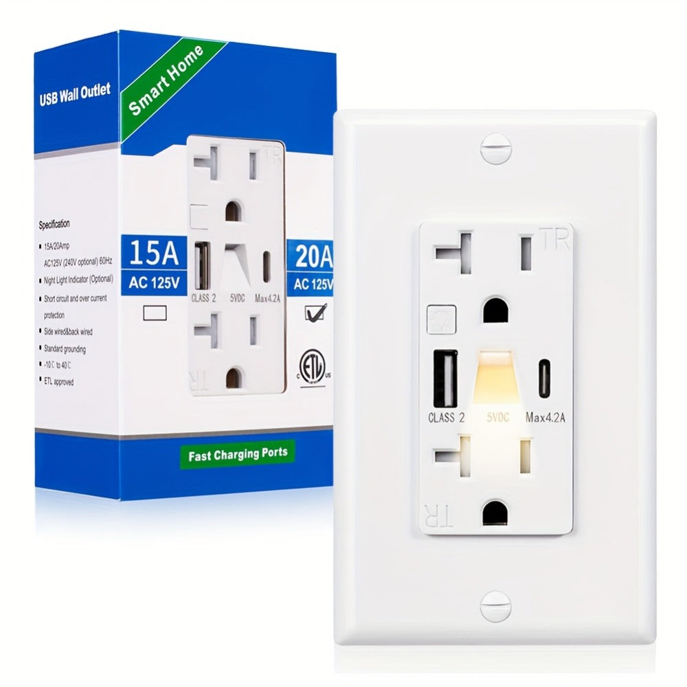 USB Wall Outlet with Night Light 20A 125V Tamper-Resistant - Type A & Type C Ports 5V 4.2A Fast Charging - ETL Listed USB C Electrical Outlet with Wallplate Included - White Smart USB Socket