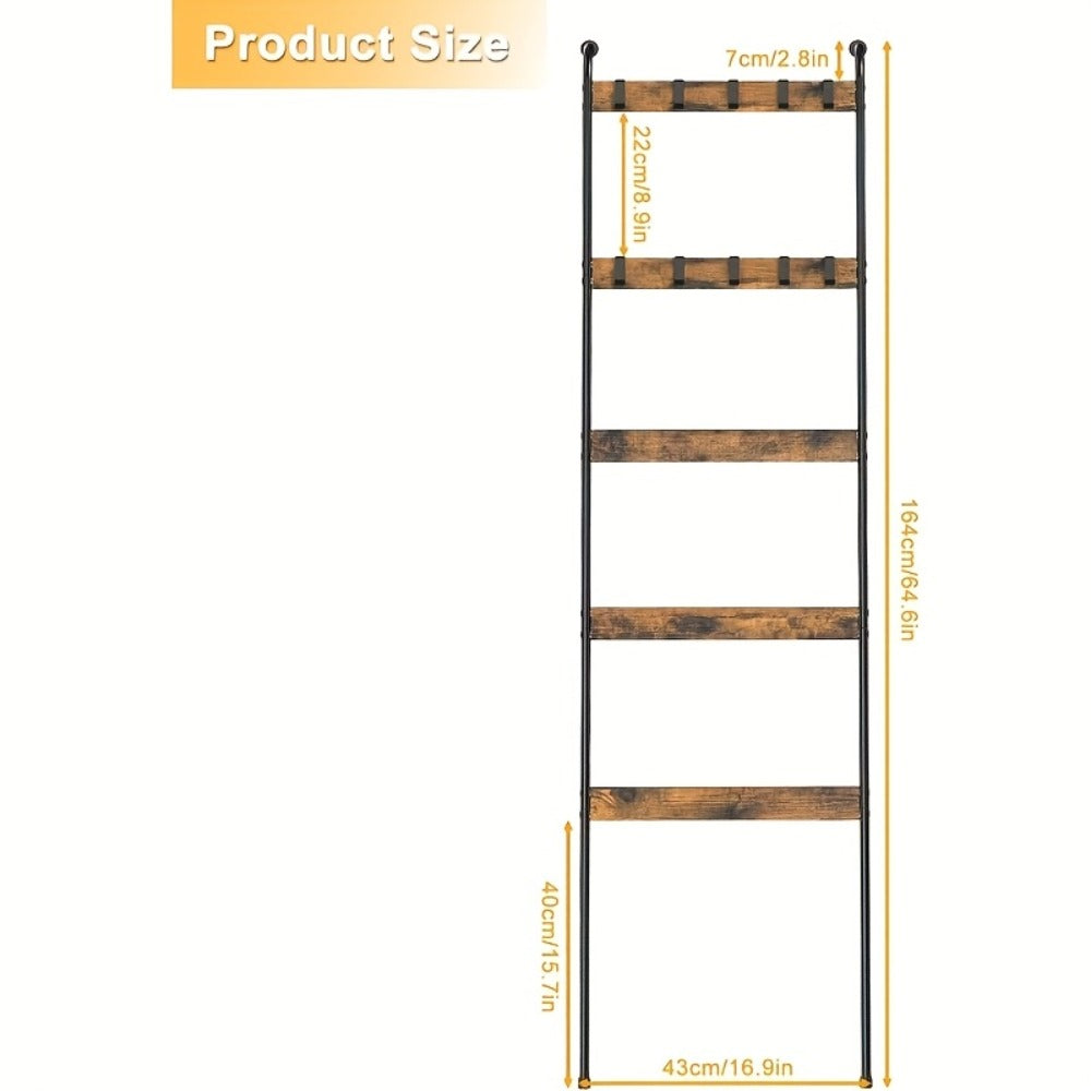 Blanket Ladder 5 Tier Farmhouse Wood with 10 Removable Hooks Wall Leaning Towel Rack Quilt Holder for Living Room Bathroom Bedroom Decor