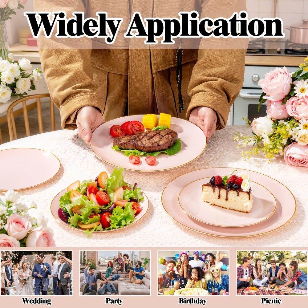 Disposable Plastic Plates Set 50 Piece - Pink Gold Rim Party Tableware with Dinner Plates, Dessert Plates & Utensils for Birthday Wedding Holiday