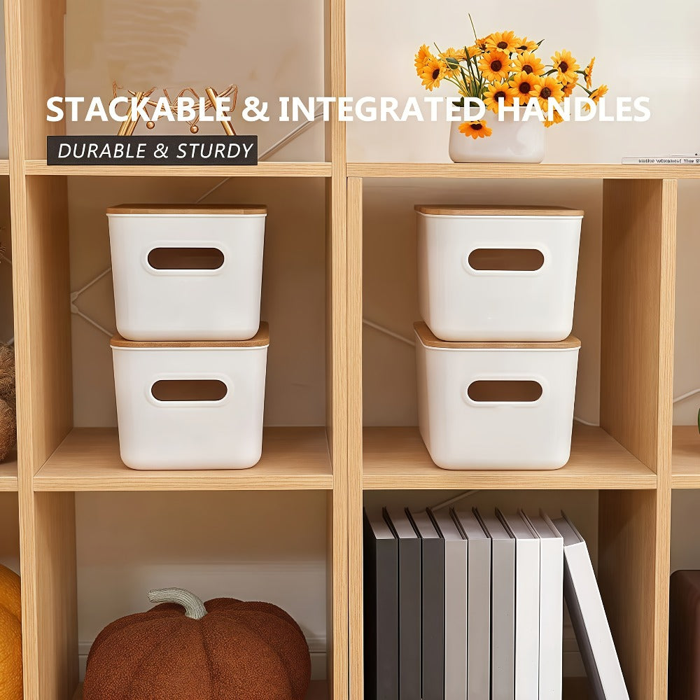 Plastic Storage Bins with Wood Lids Stackable Organizer with Handle and Labels for Home Office Kitchen Bedroom Closet Playroom 1 2 4 8 Pack