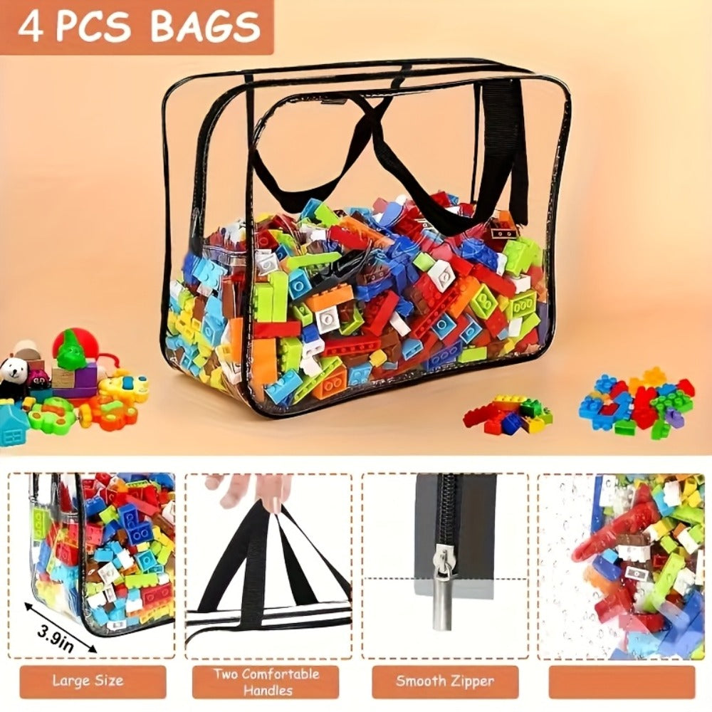 Clear PVC Storage Bags Set of 4 - Transparent Zipper Organizer Bags, Foldable Portable Multi-Use Storage for Home Travel