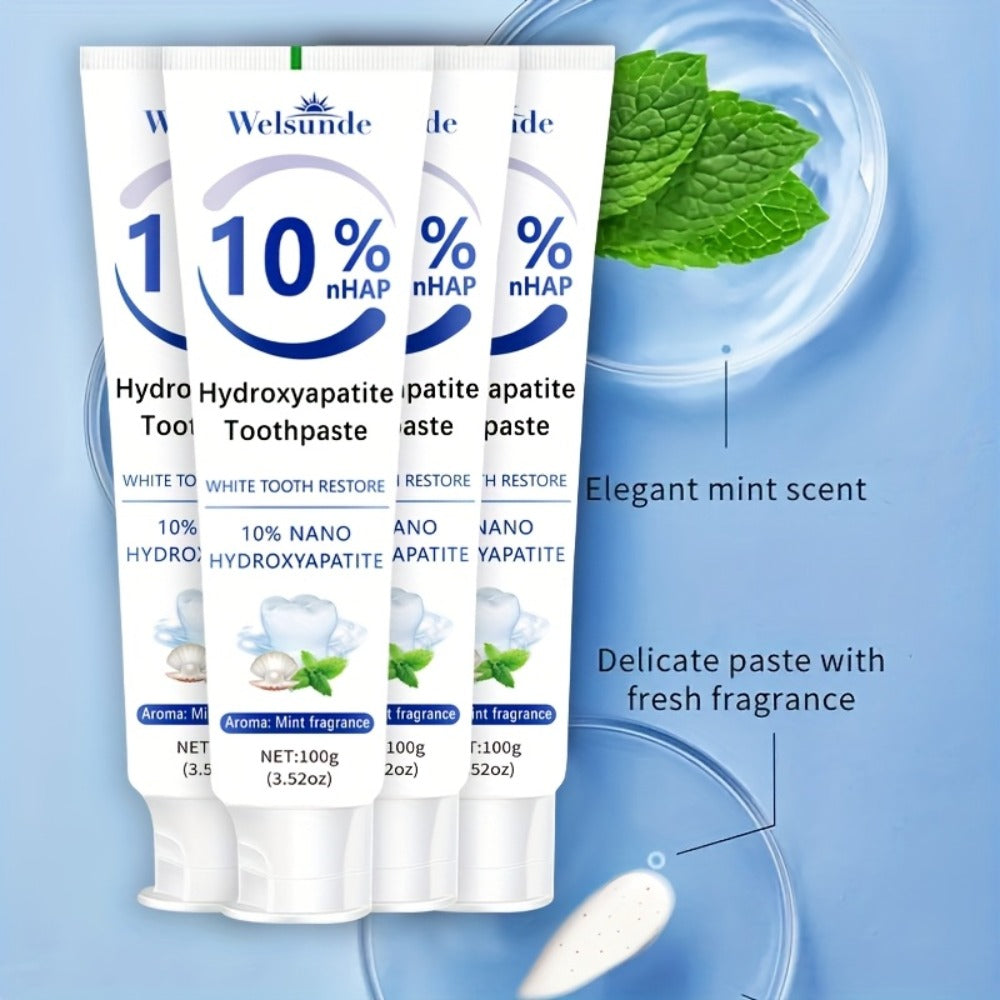 Hydroxyapatite Toothpaste 4-Pack ¨C 10% Nano Formula with Baking Soda, Deep Cleaning & Whitening Gel, Mint Fresh Breath, Fluoride-Free Daily Oral Care for Everyone, Home & Travel Sleek Tube Design (400g)