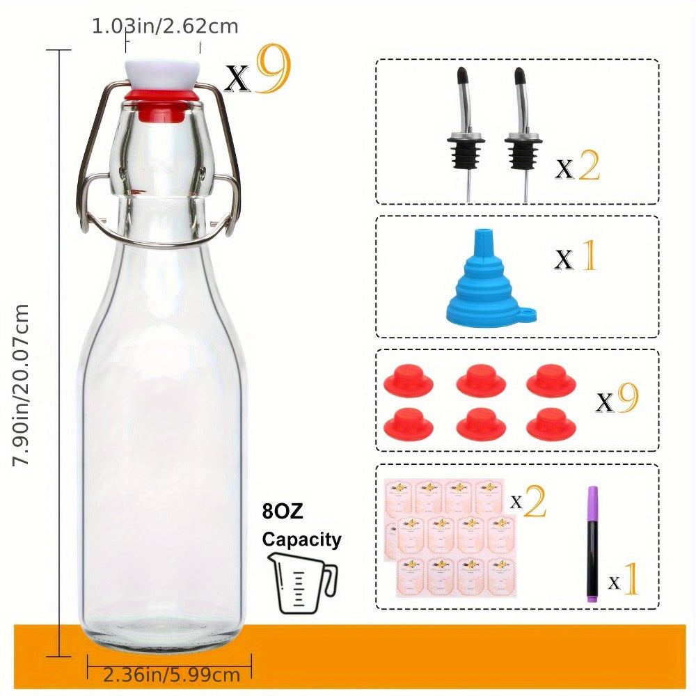 Glass Swing Top Bottles 8.45oz ¨C Round Iron Clasp Airtight Bottle Set with Funnel for Juice, Kombucha, Syrup & Oil Storage, Reusable Flip Cap Glass Bottles (6, 9, 12 or 18 Pack)
