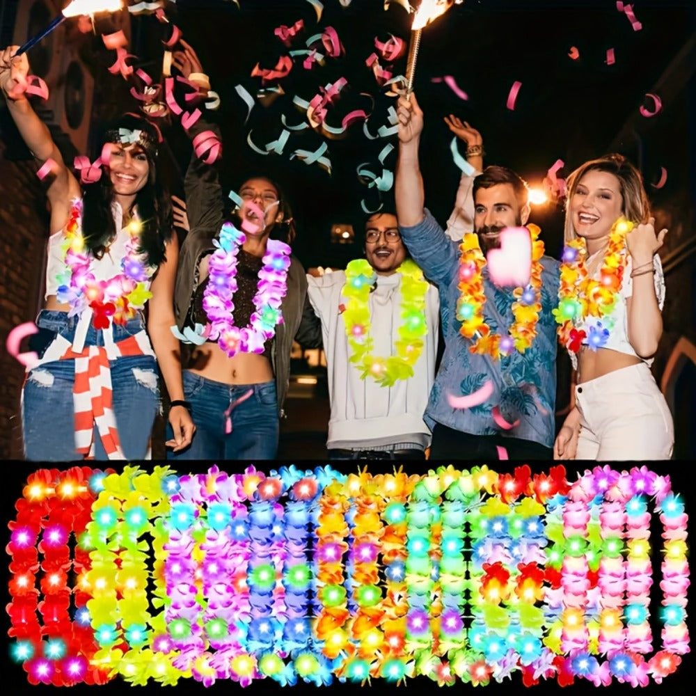 Light Up Hawaiian Lei Necklace 26pcs LED Flower Leis Glow Necklaces for Luau Party Beach Party Tropical Costume Accessories