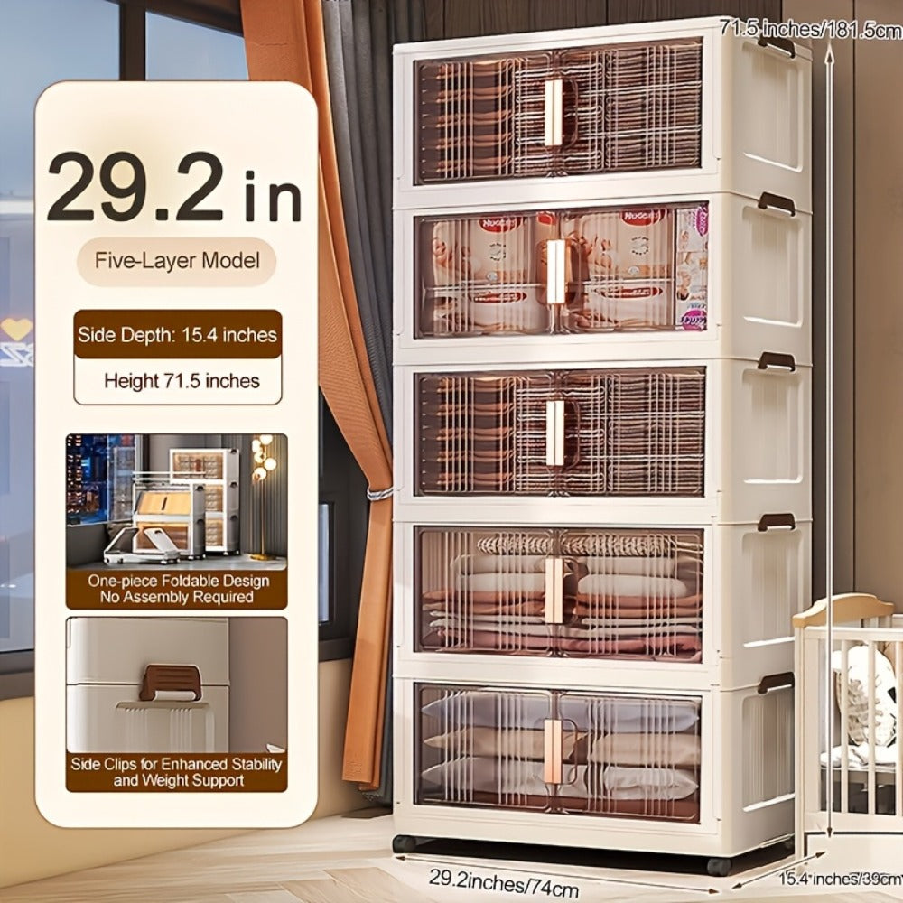 Folding Storage Cabinet with Wheels, 3/4/5-Tier Stackable Plastic Storage Bins with Lids & Magnetic Doors, Foldable Large Organizer with 360¡ã Lockable Wheels for Home Office Kitchen Bathroom Garage