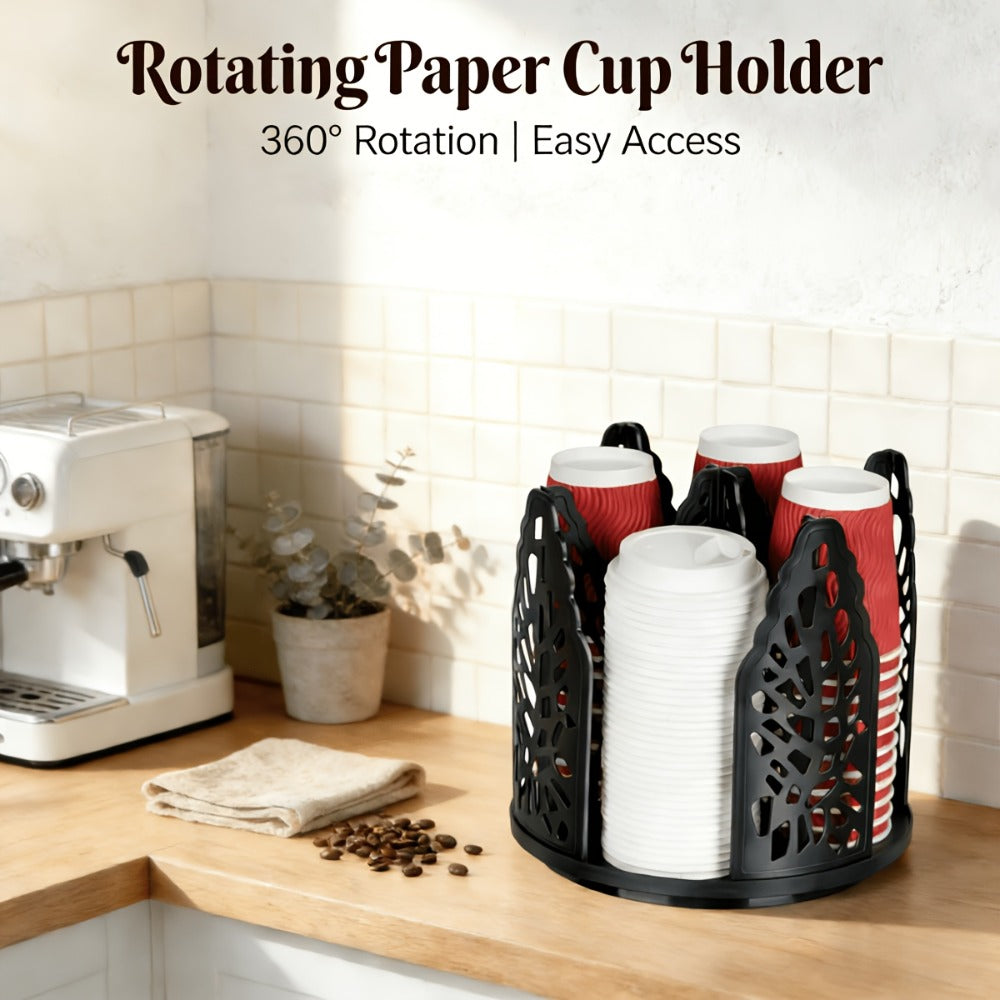 Rotating Paper Cup Holder with 4 Compartments - Disposable Coffee Cup Dispenser Organizer Detachable Lid Storage Box for Countertop Kitchen Coffee Station Bathroom | White Black