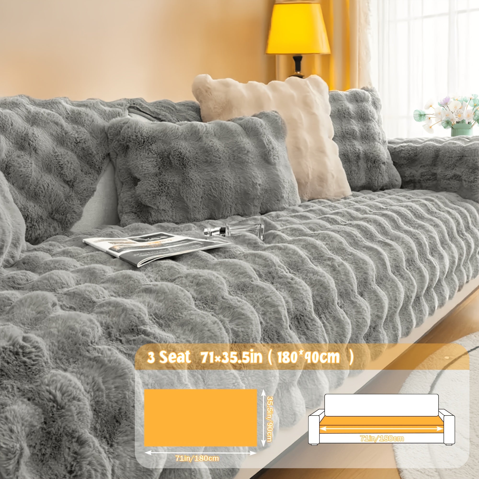 Bubble Soft Faux Rabbit Fur Sofa Cover - Non-Slip Silicone Backing Stretchable Slipcover Pet Friendly Machine Washable for Living Room Bedroom Dorm, 4 Colors Multiple Sizes