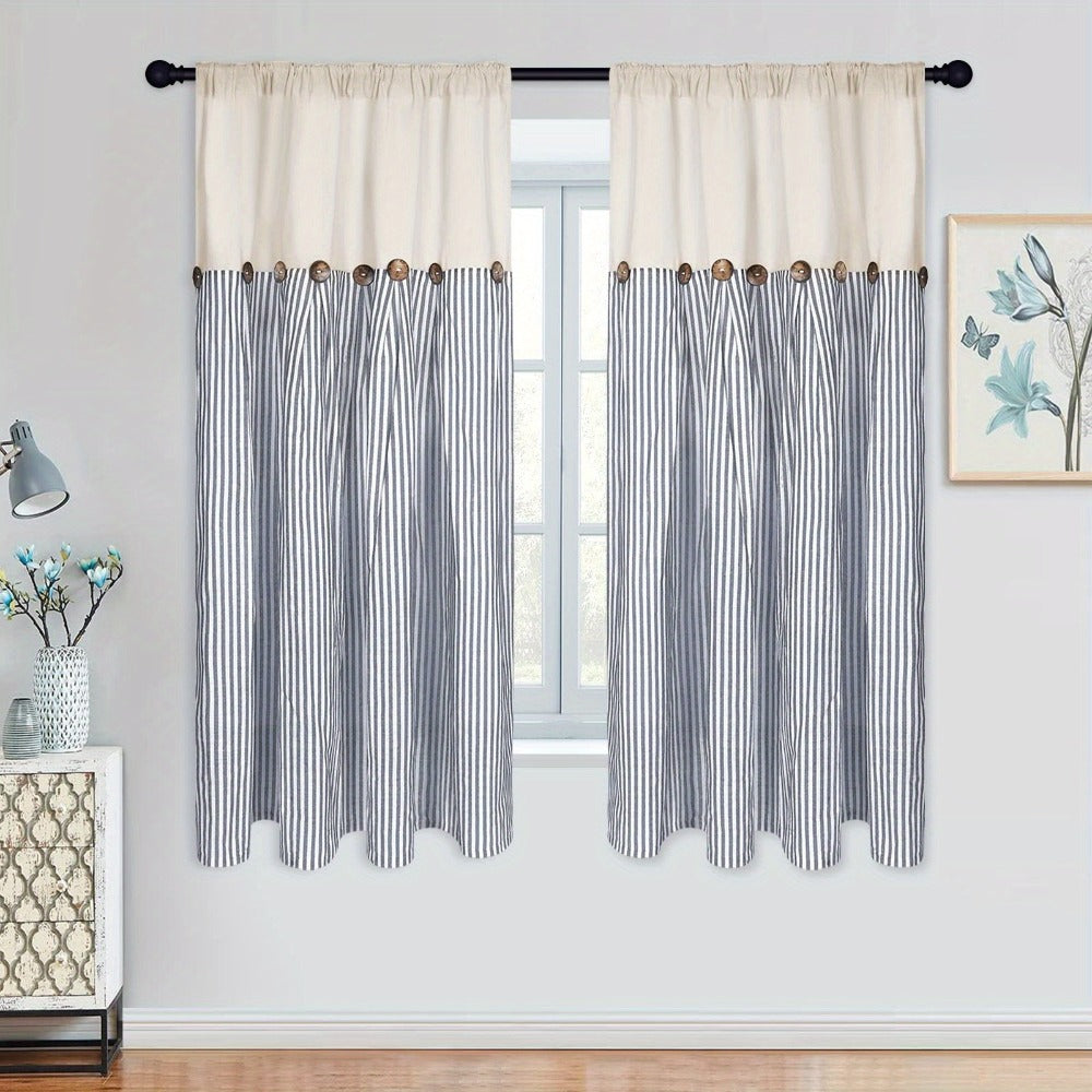 Semi Sheer Curtains Bohemian Linen Cotton Patchwork Grommet Top Window Drapes for Bedroom Living Room Kitchen Bathroom Cafe - Boho Country Cottage Style 4 Seasons 1 or 2 Panels