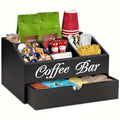 Coffee Bar Organizer with Drawer | Wood Countertop Coffee Station Organizer | 5-Compartment K-Cup Pod Holder Tea Condiment Storage | Rustic Farmhouse Coffee Bar Decor for Kitchen Counter