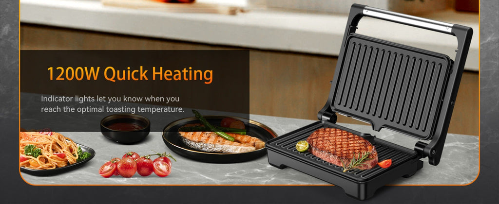 Panini Press Sandwich Maker 1200W, Non-Stick Cast Aluminum Grill with 180-Degree Opening, 2-Slice Panini Maker with Indicator Lights, Even Heat Distribution for Sandwiches Steaks Waffles