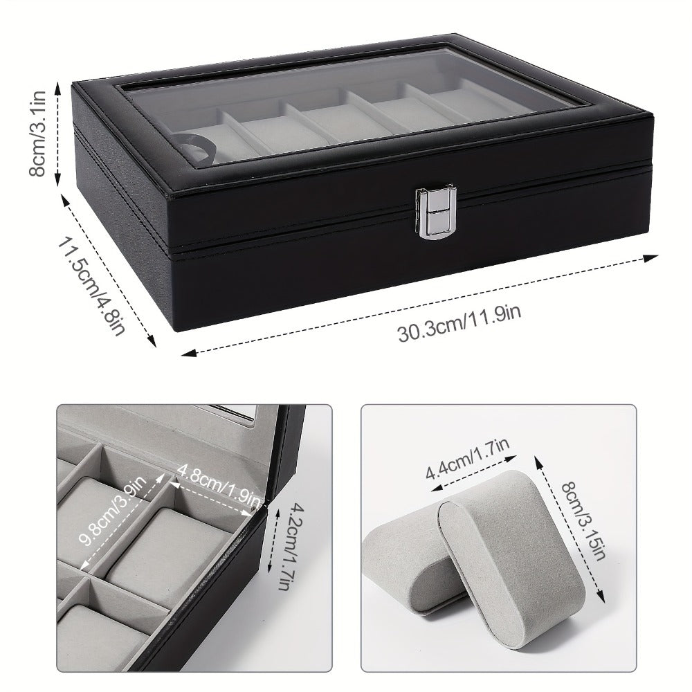 Watch Box Organizer 12 Slot PU Leather, Watch Display Case with Glass Lid Removable Pillow Metal Clasp, Jewelry Box Gift for Him Her Valentine's Day Birthday Christmas