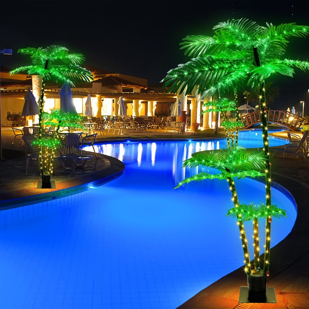 Solar Powered Artificial Palm Tree 7ft Triple Trunk 260 LED Lights 8 Modes Dimmable Timer 2200mAh Battery Metal Base Outdoor Indoor Decor Tiki Bar Patio Beach Garden Christmas Halloween Party