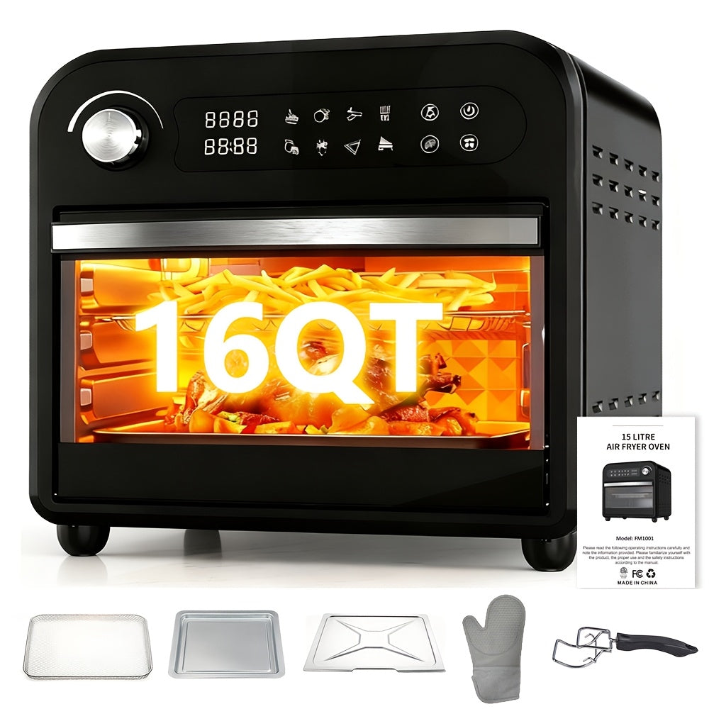 Air Fryer Toaster Oven Combo 15QT Extra Large, 360¡ã Convection, LED Digital Display, Precise Temperature Control ¨C Stainless Steel Interior, 5 Accessories, Healthy Low-Oil Cooking for Family Kitchen
