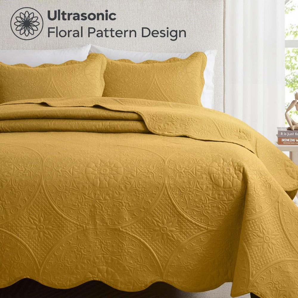 Quilted Bedspread Set 3 Piece ¨C Soft Floral Coverlet with Pillow Shams, Lightweight Breathable Quilt for Bedroom & Guest Room, All Season Bed Cover