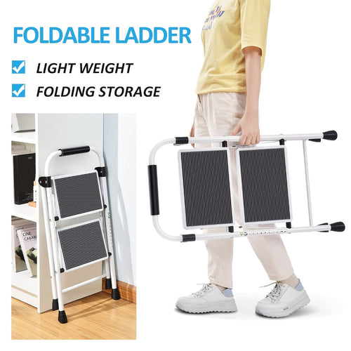 2 Step Ladder Foldable Heavy Duty Steel, Non-Slip Wide Pedal Step Stool with Safety Handle, Lightweight Portable Folding Step Ladder for Home Kitchen Bathroom Garage, 250lb Capacity, White & Red