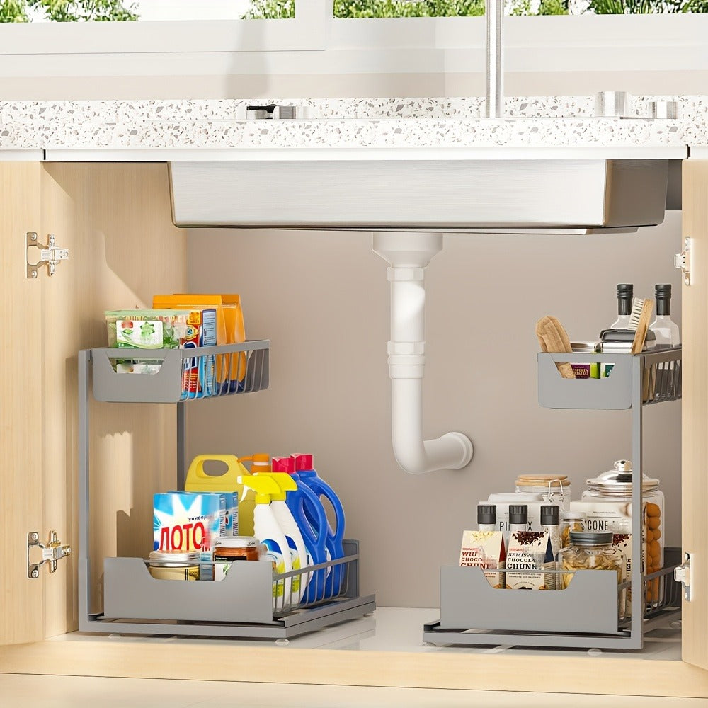 Under Sink Organizer 2-Tier Sliding Pull-Out Metal Rack Cabinet Storage for Kitchen Bathroom Refrigerator Adjustable Shelf Organizer in Black White Gray